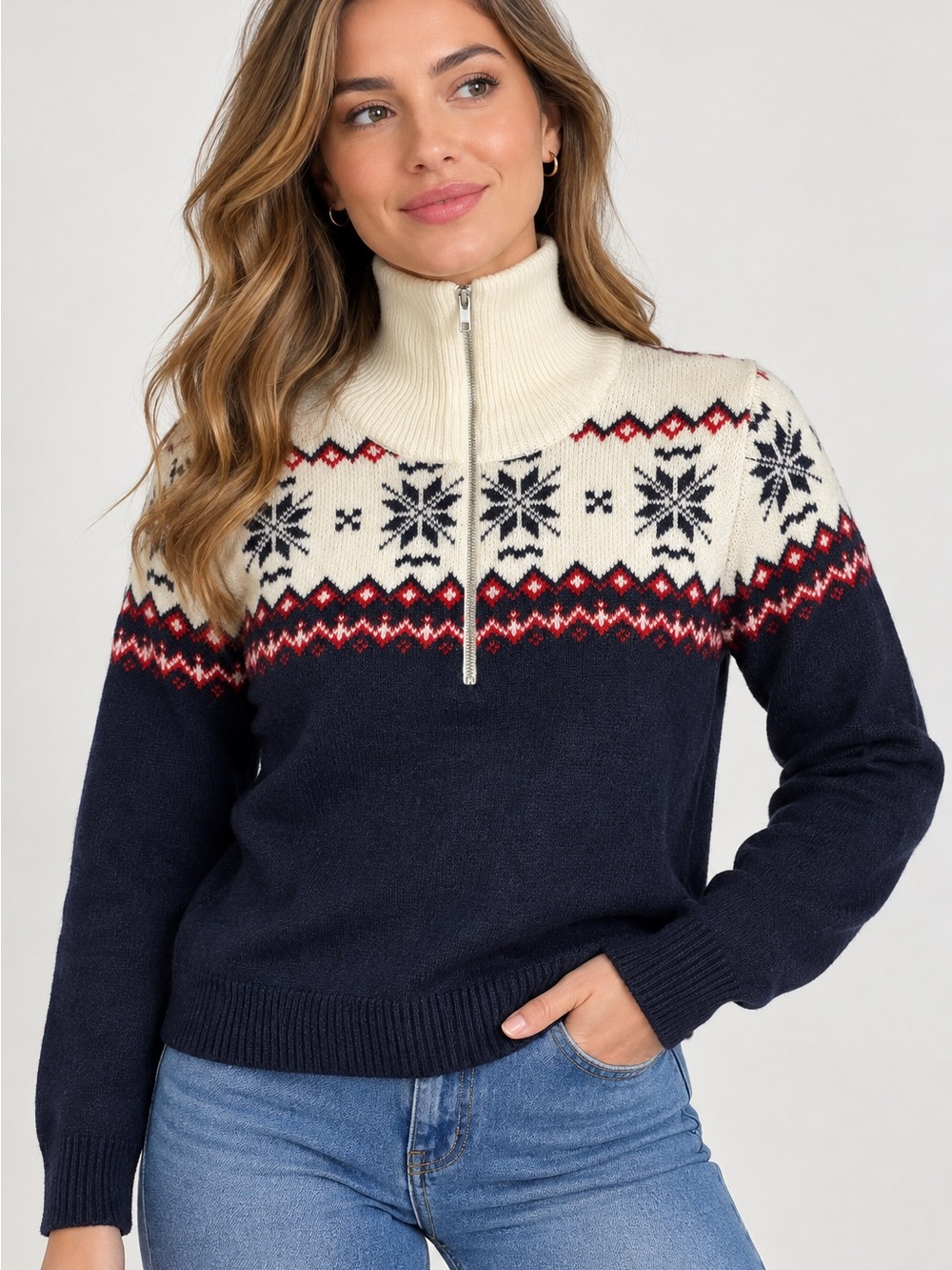 Cozy Navy & Cream Half-Zip Fair Isle Turtleneck Sweater
